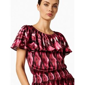 MISA Los Angeles NEW Graziela Pink Ikat Satin Ruffle Top Blouse SZ Medium
